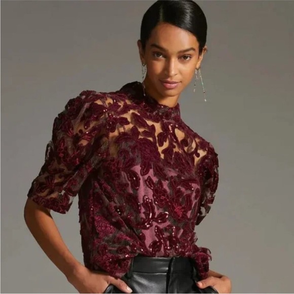 NWT Anthropologie Lace/Sequence Tie Back Puff Sleeve Burgundy Top, XXS petite - Picture 2 of 12